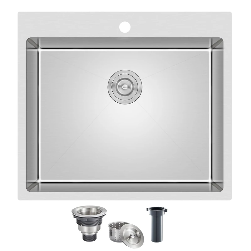 TSIBOMU 25-inch Stainless Steel Kitchen Sink Drop in, Single Bowl Single Faucet Hole Handmade Topmount Kitchen Sink, 25" x 22" x 9"