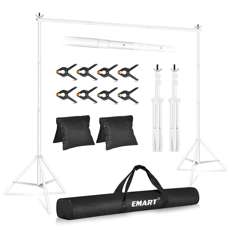 EMART Backdrop Stand 2mx3m(HxW) Photo Studio Adjustable Background Stand Support Kit with 2 Crossbars, 8 Backdrop Clamps,2 Sandbags and Carrying Bag for Parties Events Decoration - White