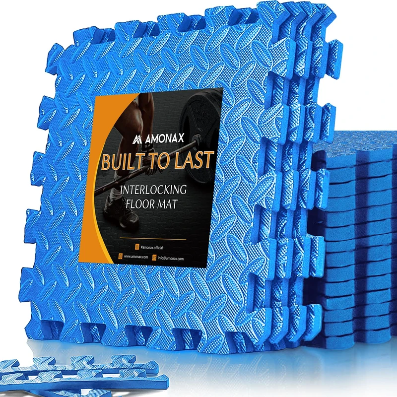Amonax Gym Flooring Mats, Eva Foam Exercise Mat, 60cm X 60cm Large Interlocking Floor Mats, Thick Heavy Duty Garage Floor Tiles Exercise Equipment Mat, Puzzle Floor Mats (Blue I 16 Tiles (64 Sq Ft))