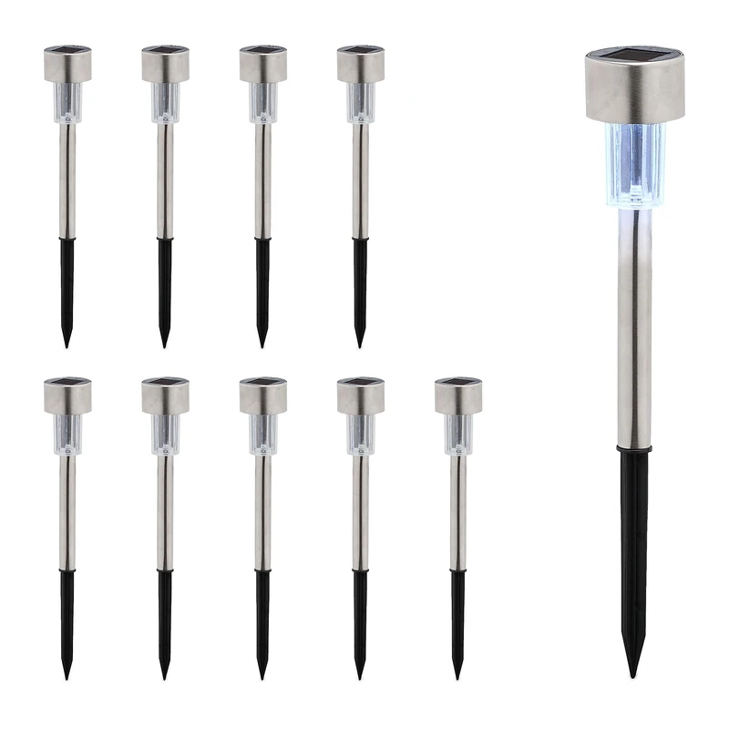 Relaxdays Solar, Set of 10, Cool White, Waterproof, with Sensor, LED Garden Lighting, 31 x 4.5 cm, Silver/Black