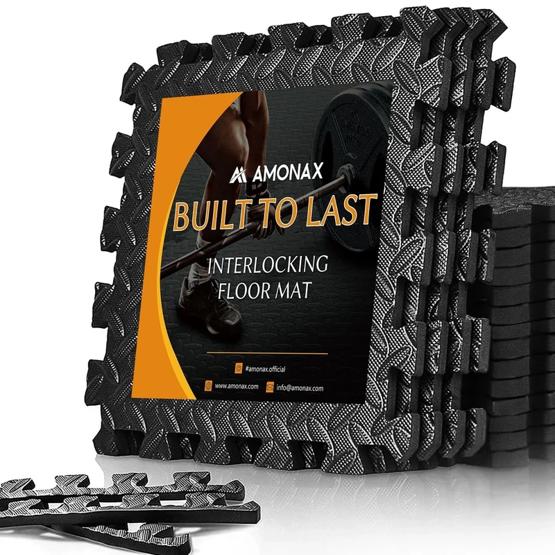 Amonax Gym Flooring Mats, Eva Foam Exercise Mat, 60cm X 60cm Large Interlocking Floor Mats, Thick Heavy Duty Garage Floor Tiles Exercise Equipment Mat, Puzzle Floor Mats (Black I 16 TILES (64 SQ FT))