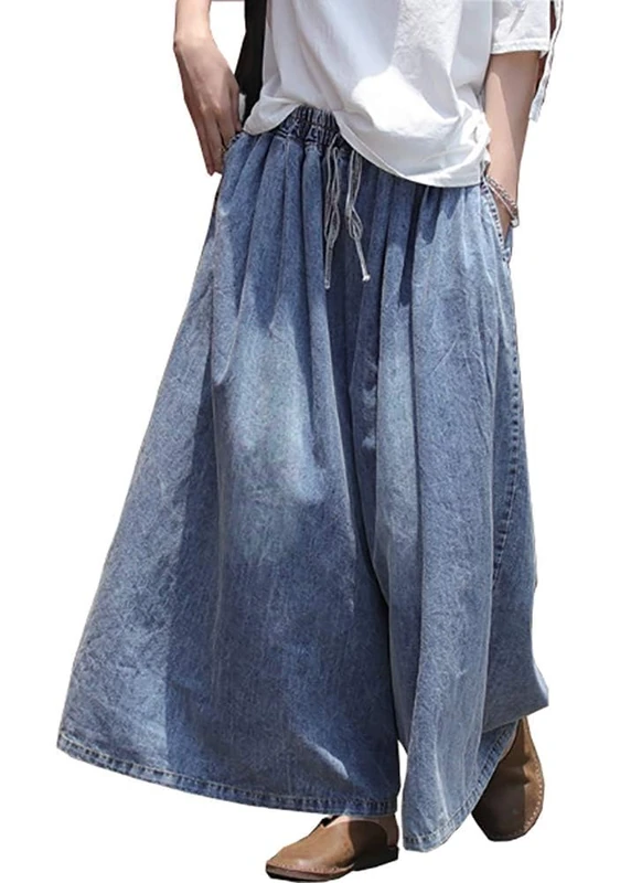 EXPOING Extra Wide Leg Denim Pants for Women Long Jeans Elastic Waist with Pockets Plus Size Loose Casual, Blue, Large