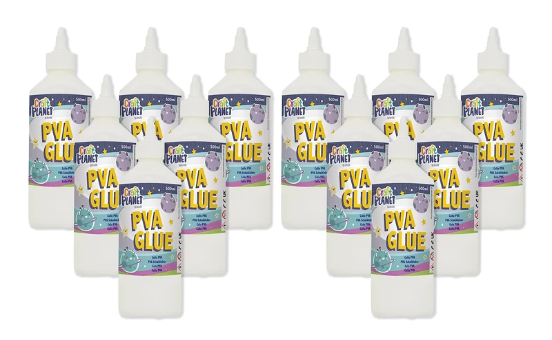 Craft Planet - 0.5 Litre X Pack of 12 - White Strong, Tacky PVA All Purpose Glue For Kids Art, Toddler Craft, School Supplies, Woodwork, Home Projects, DIY, For Paper, Wood, Craft Materials