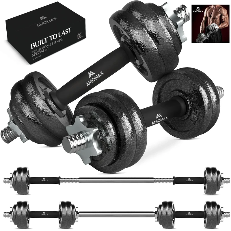 Amonax 15kg Cast Iron Adjustable Dumbbells Pair Weight Set, Barbell Set Men Women, Strength Training Equipment Home Gym Fitness, Bar Bells Free Weights for Weight Lifting