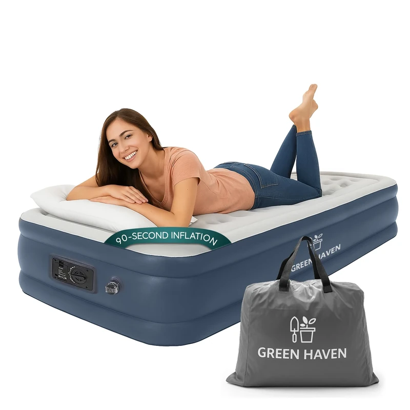 Green Haven Raised Single Air Bed with Built-in Electric Pump – Self-Inflating Blow-Up Mattress with Storage Bag – Waterproof & Durable Camping Air Mattress for Indoor & Outdoor Use