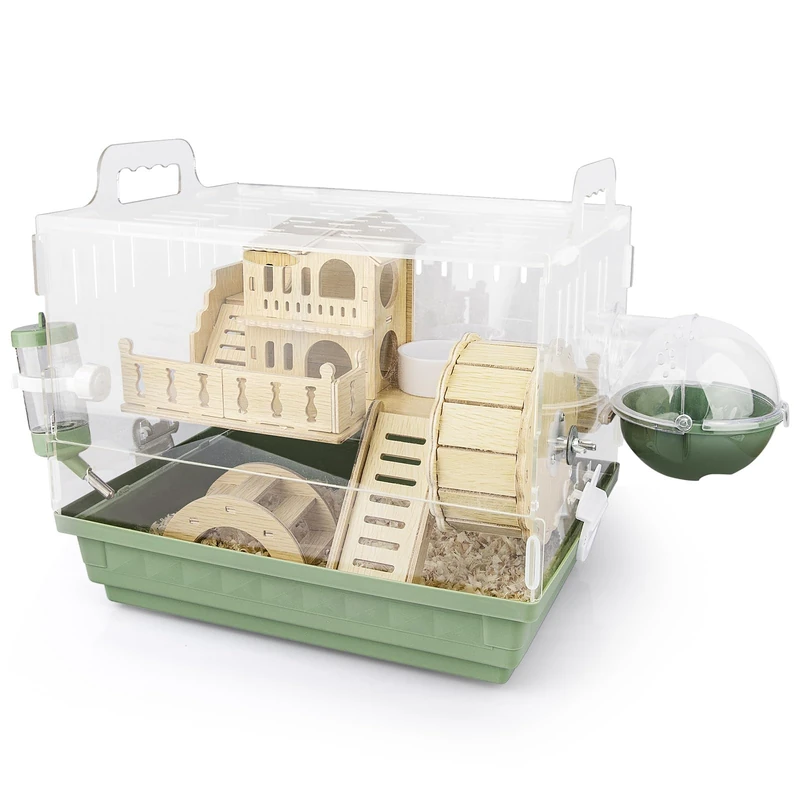 Cycodo 8 in 1 Acrylic Hamster Cage,Wooden Small Animal Cage with Accessories & Toys,2-Layer Small Pet House for Dwarf Hamsters,Mice,Gerbils(Green,14"*11"*10")