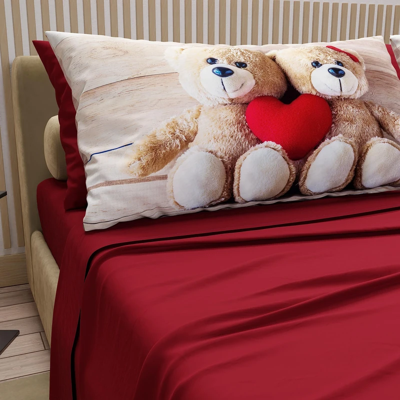 PETTI Artigiani Italiani - Double Bed Linen in Cotton with Pillowcases in Digital Print, for Double Bed, Complete Top and Bottom Sheet with Corners, Bordeaux, 100% Made in Italy