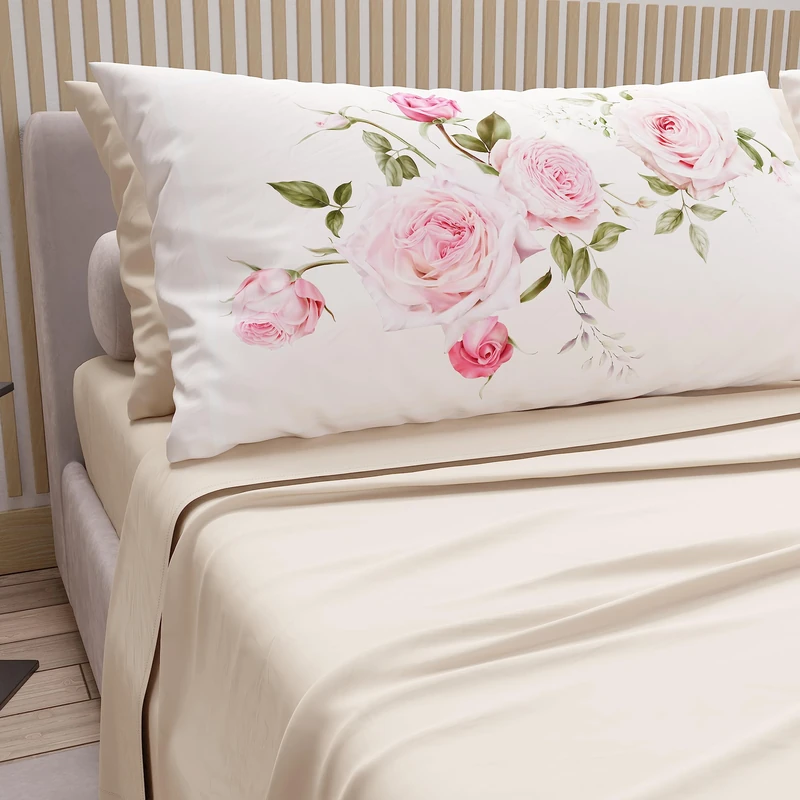 PETTI Artigiani Italiani - Double Bed Sheets in Cotton with Pillowcases in Digital Print, for Double Bed, Complete Fitted Sheet with Corners, Cream, 100% Made in Italy