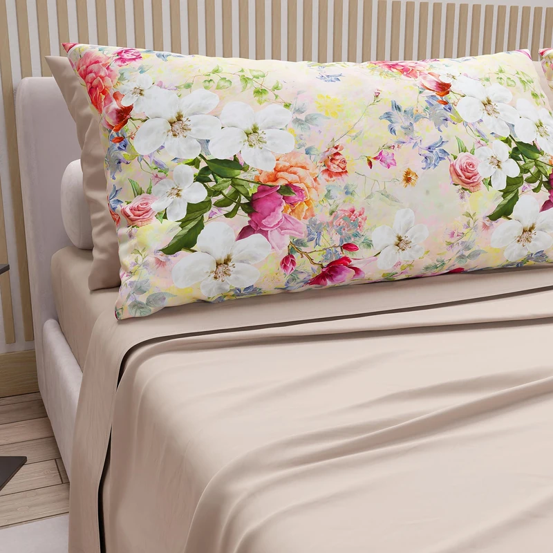 PETTI Artigiani Italiani - Double Bed Sheets in Cotton with Pillowcases in Digital Print, for Double Bed, Complete Fitted Sheet Top and Bottom Sheet, Beige, 100% Made in Italy