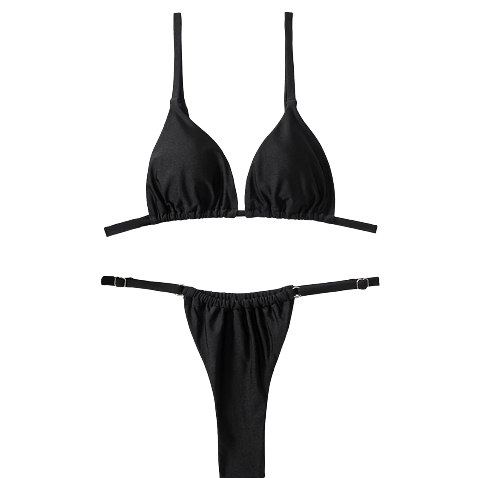Silkglory Bikini Sets for Women UK,Triangle Bikini High Cut Womens 2 Piece Swimsuits,Thong Bikini Sexy String Bikini Swimwear Glitter Solid Color Black Bikini Set-L
