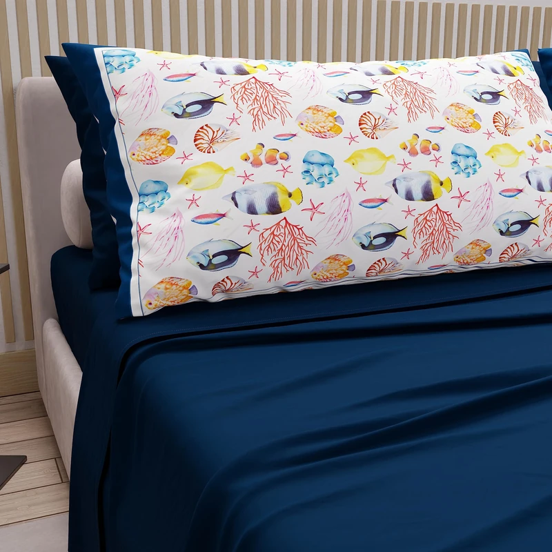PETTI Artigiani Italiani - Double Bed Linen in Cotton with Pillowcases in Digital Print, for Double Bed, Top and Bottom Sheet Set with Corners, Night Blue, 100% Made in Italy