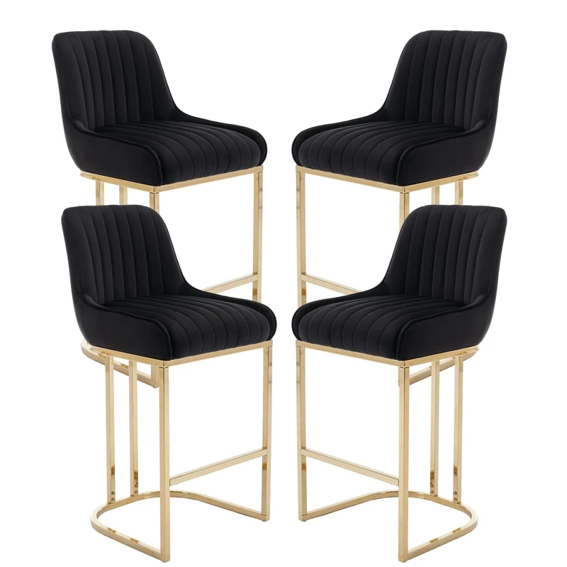 chairus Bar Stools Set of 4 Velvet Kitchen Breakfast High Bar Chairs with Backrest Counter Dining Stools with Metal Legs(Black-4)