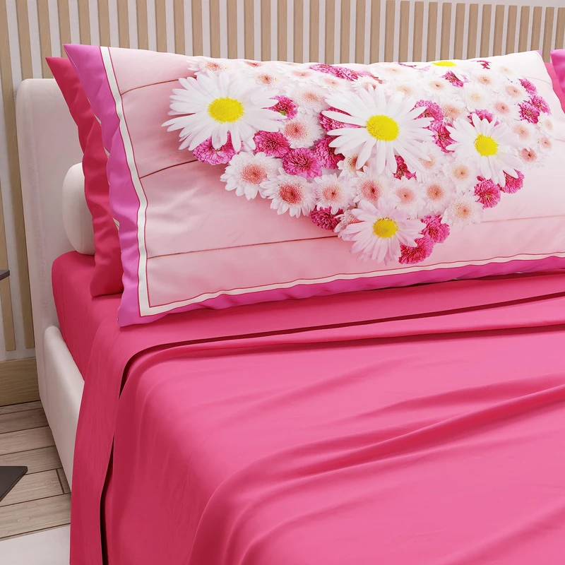 PETTI Artigiani Italiani - Double Bed Sheets in Cotton with Pillowcases in Digital Print, for Double Bed, Complete Top and Bottom Sheet with Corners, Fuchsia, 100% Made in Italy