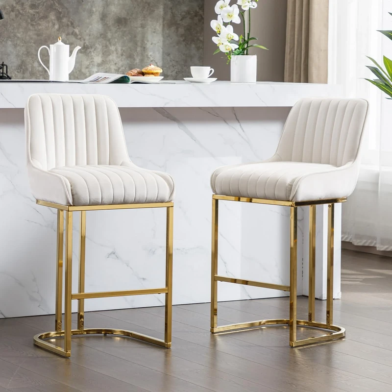 chairus Bar Stools Set of 2 Velvet Kitchen Breakfast High Bar Chairs with Backrest Counter Dining Stools with Metal Legs(Beige-2)