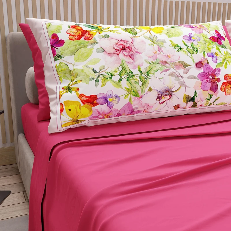 PETTI Artigiani Italiani - Double Bed Sheets in Cotton with Pillowcases in Digital Print, for Double Bed, Complete Top and Bottom Sheet with Corners, Fuchsia, 100% Made in Italy