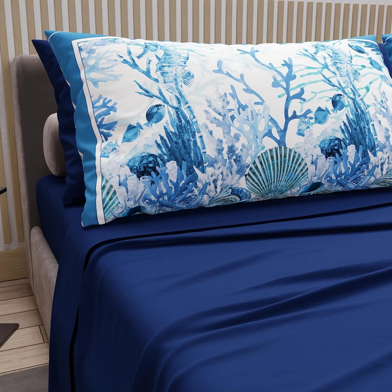 PETTI Artigiani Italiani - Double Bed Sheets in Cotton with Pillowcases in Digital Print, for Double Bed, Complete Fitted Sheet Top and Bottom Sheet, Electric Blue, 100% Made in Italy