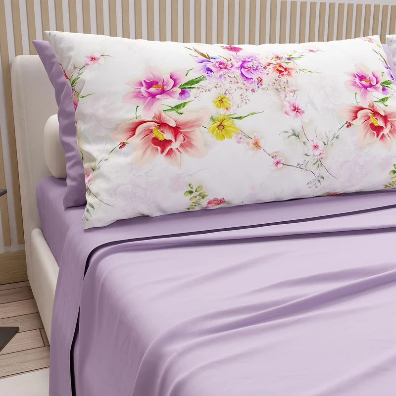 PETTI Artigiani Italiani - Double Bed Linen in Cotton with Pillowcases in Digital Print, for Double Bed, Complete Fitted Sheet Top and Bottom Sheet, Lilac, 100% Made in Italy