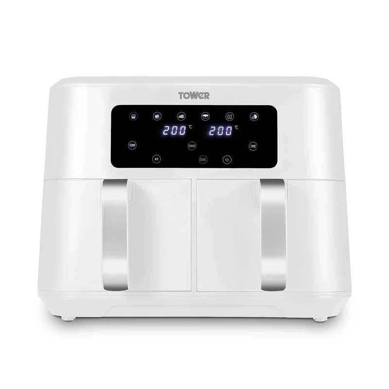 Tower T17137WHT Vortx 8.5L Dual Basket Air Fryer with Dual Cook Function, 2400W, White & Chrome