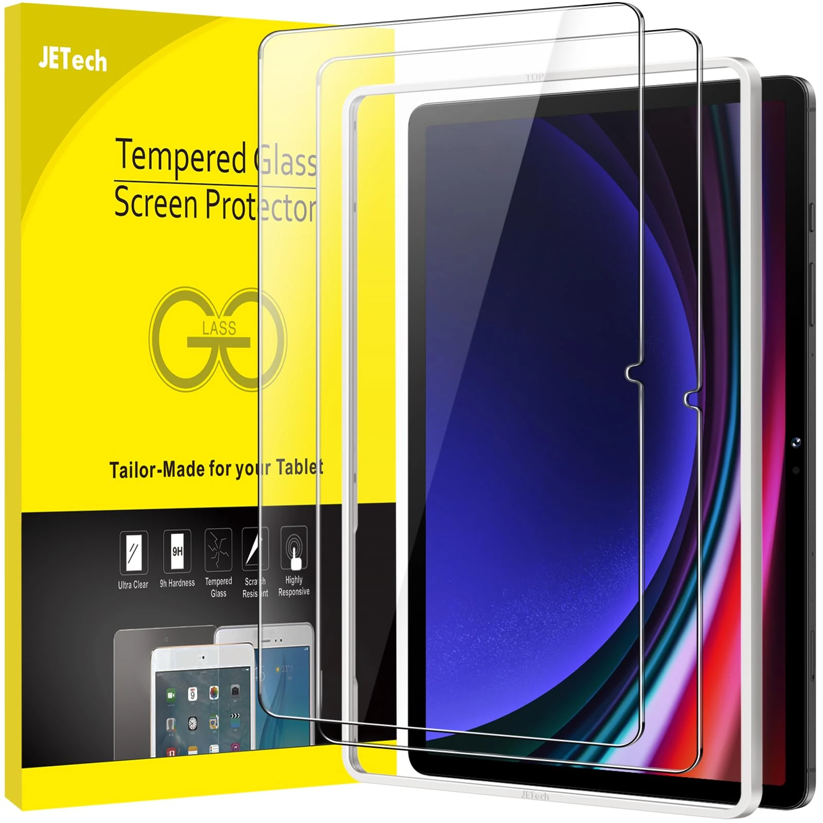 JETech Screen Protector for Samsung Galaxy Tab S9 11-Inch and Galaxy Tab S10 Lite / S10 FE / S9 FE 10.9-Inch, with Easy Installation Frame, Tempered Glass Film, HD Clear, 2-Pack