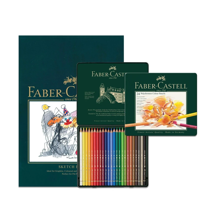 Faber-Castell A4 Sketch Pad & Tin Of 24 Polychromos Artists Colouring Pencils - Art Set For Adult Colouring Books, Craft Supplies, Drawing, Sketching, Lightfast Pencils, Schools, Home, College…