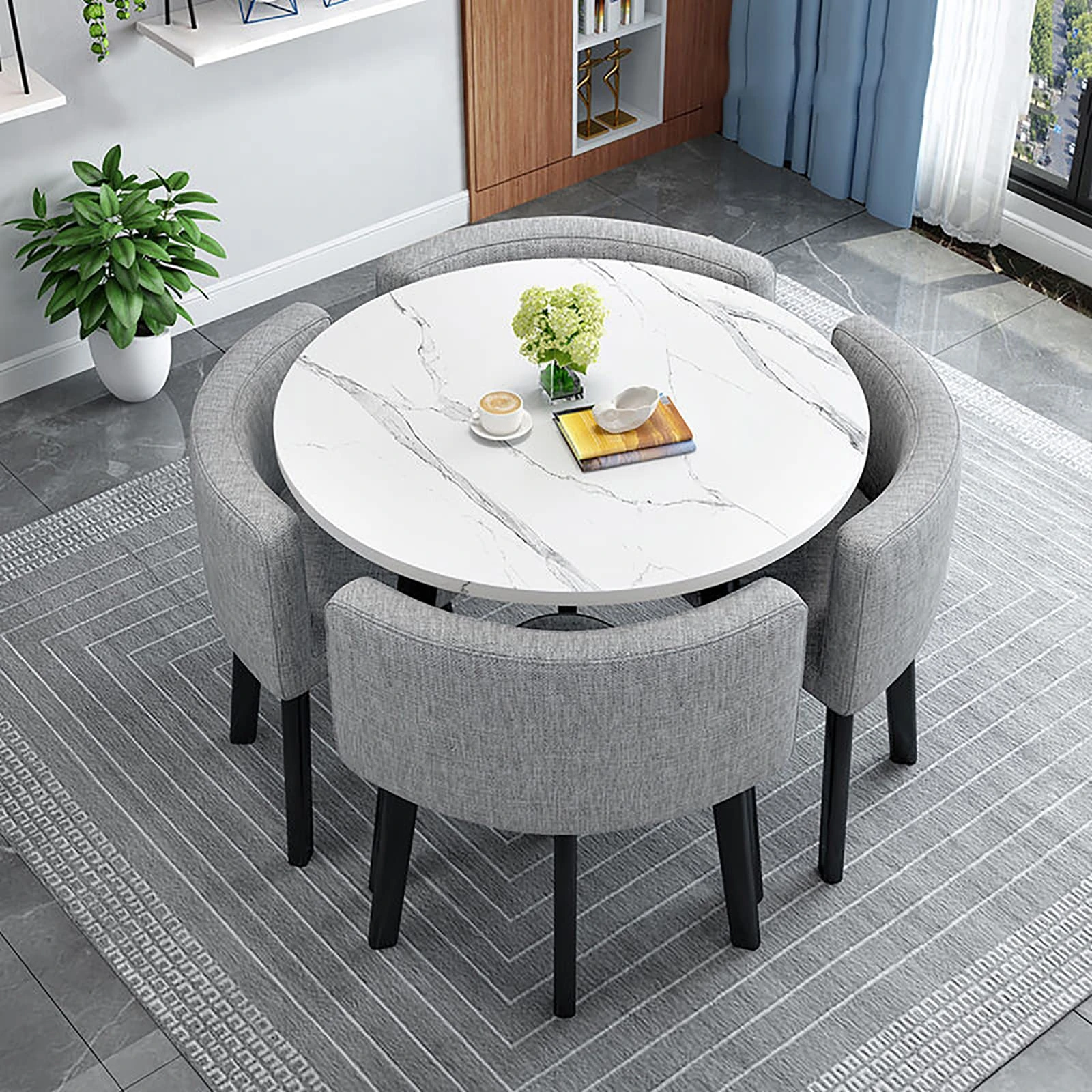 BIBZBKH Dining Table and Chairs Set - Modern Round Fabric Chairs, Space Saver - 80 * 80 * 75cm