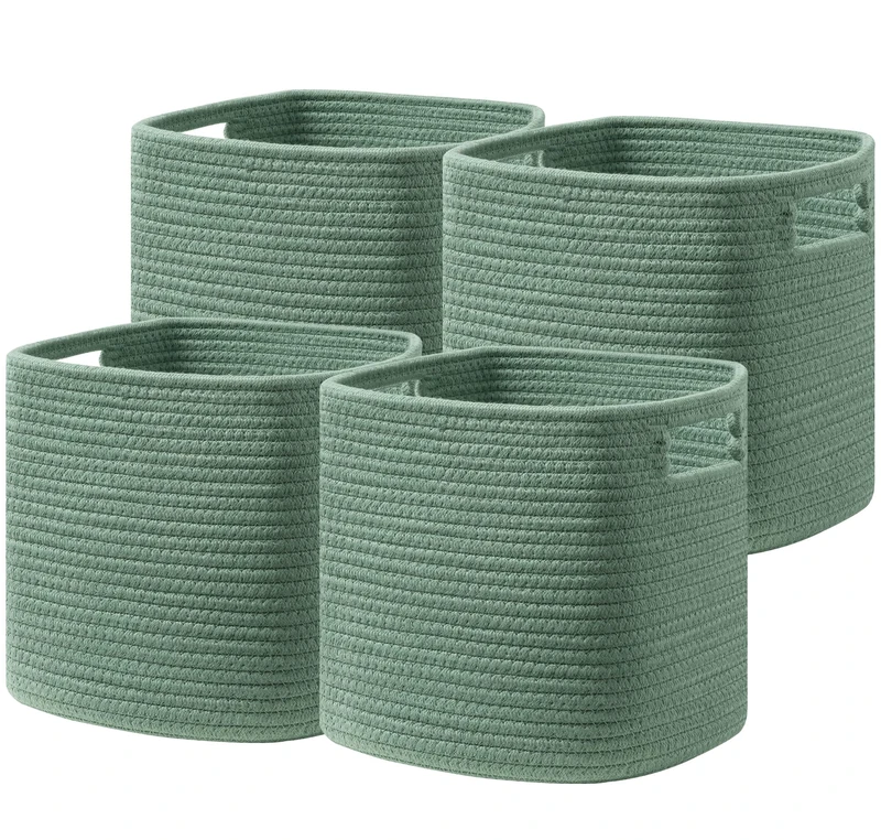 UBBCARE Set of 4 Storage Basket-13 X 13 X 13 in, Cotton Rope Basket for Shelves, Toys, Book, Cube Storage Bins with Handles, Woven Storage Basket for Organizing, Green