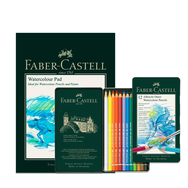 Faber-Castell A4 Watercolour Pad & Tin Of 12 Albrecht Dürer Watercolour Pencils - Art Set For Adult Colouring Books, Craft Supplies, Drawing, Sketching, Lightfast Pencils, Schools, Home, College…