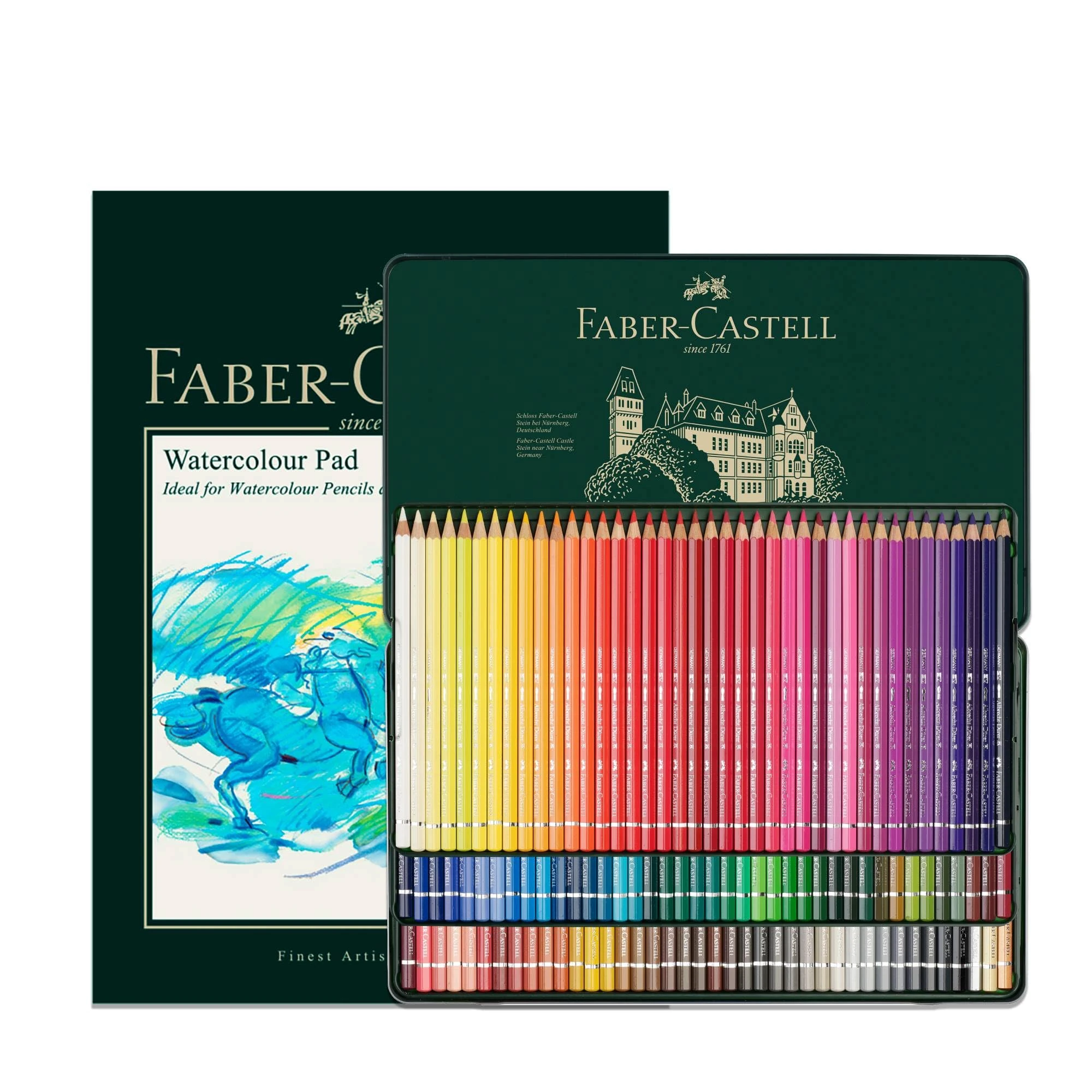 Faber-Castell A4 Watercolour Pad & Tin Of 120 Albrecht Dürer Watercolour Pencils - Art Set For Adult Colouring Books, Craft Supplies, Drawing, Sketching, Lightfast Pencils, Schools, Home, College…