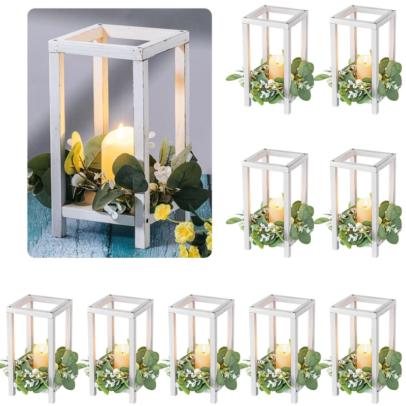 Geelin 10 Pcs Wooden Wedding Candle Lanterns (Set of 10) - Rustic White Pine Lanterns for Table, Wedding, Baby Shower & More