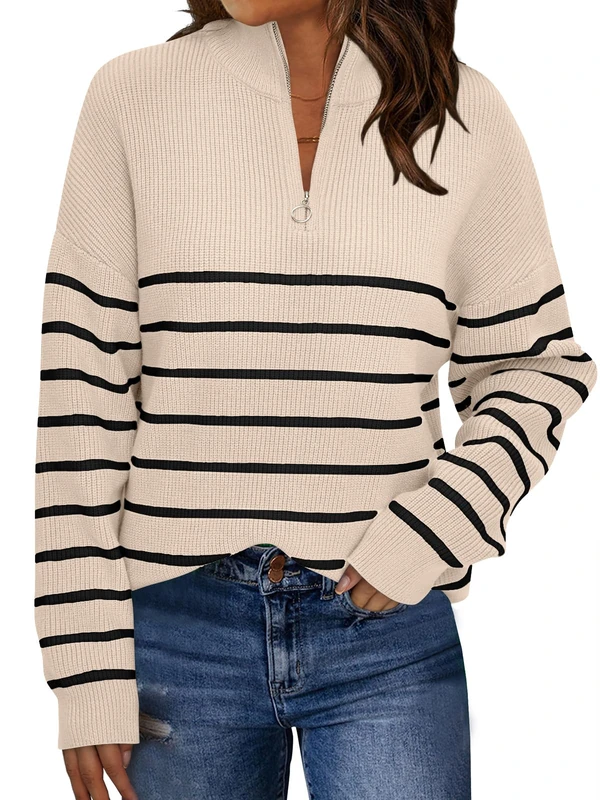 LILLUSORY Women's Quarter Zip Striped Oversized Sweater 2025 Mock Turtleneck Fall Fashion Outfit, Apricot-Black, M - Image 1