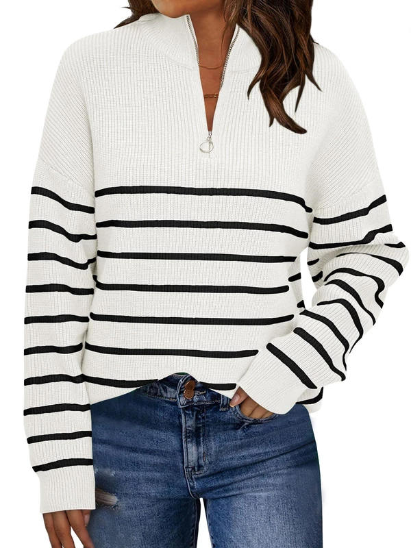 LILLUSORY Women's Quarter Zip Striped Oversized Sweater 2025 Mock Turtleneck Fall Fashion Outfit, White-Black, XL