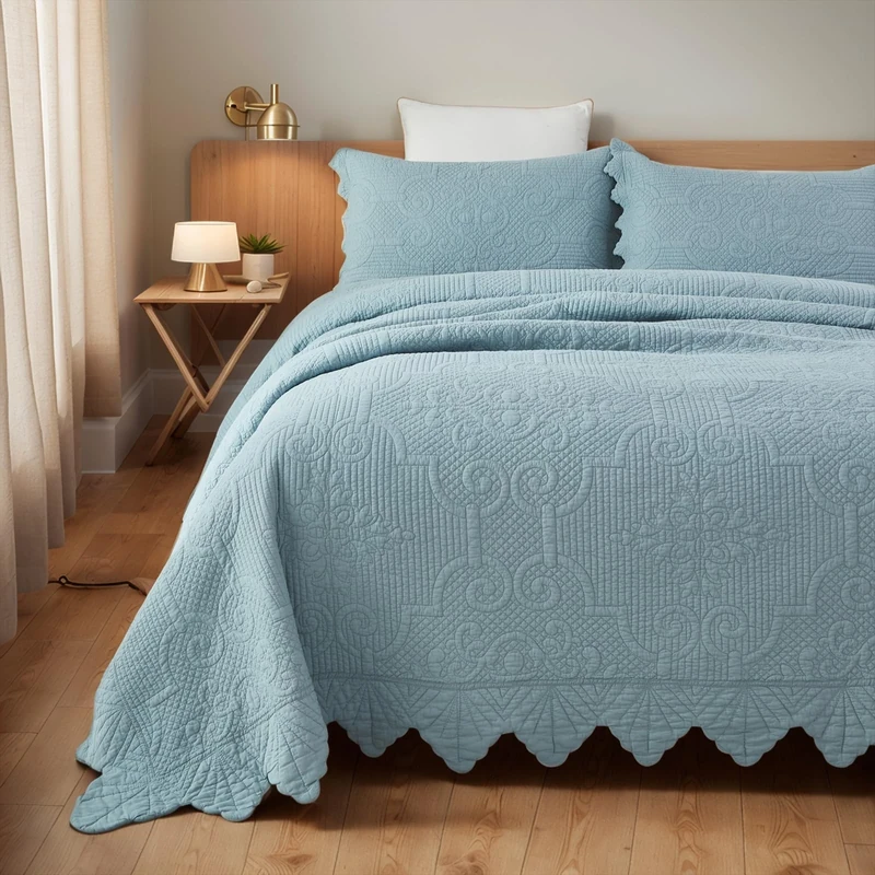 Brandream Luxury Bedding Quilt Set Queen Size Farmhouse Bedspread Matelasse Coverlet Set Cotton Shabby Antique Blue Lightweight All Season Choice