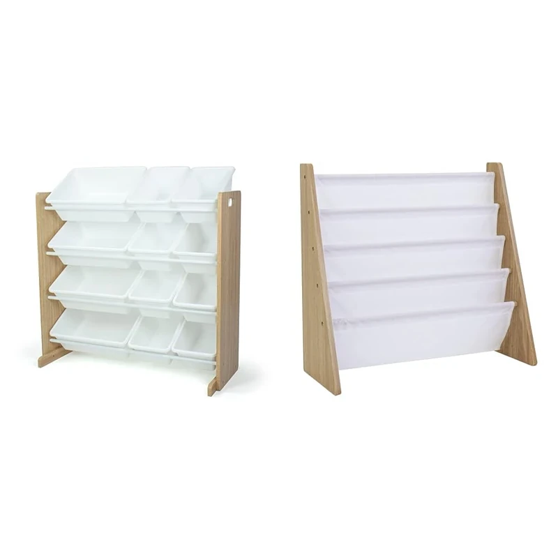 Humble Crew Journey Wooden Bookshelf and Toy Storage Organiser Furniture Set for Children, 4 Tier Book Storage, Toy Storage Organiser with 12 Storage Bins - Natural Wood/White