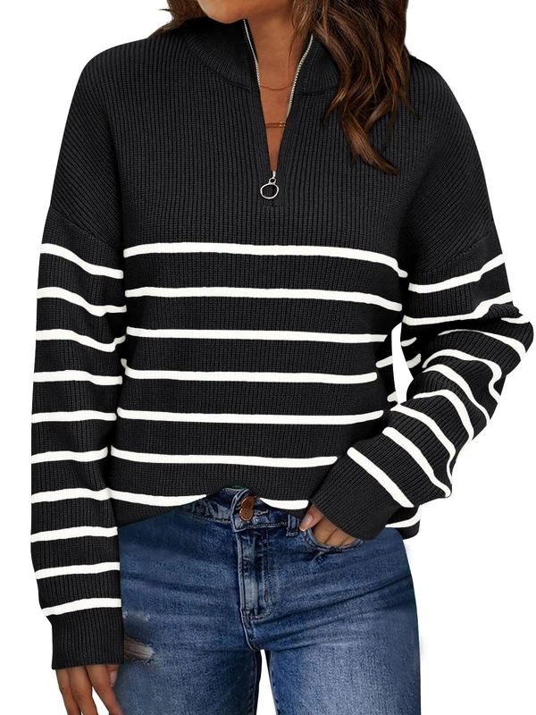 LILLUSORY Women's Quarter Zip Striped Oversized Sweater 2025 Mock Turtleneck Fall Fashion Outfit, Black-White, XL