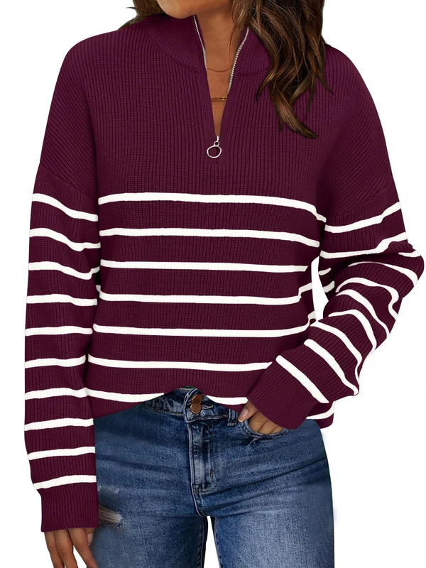 LILLUSORY Women's Quarter Zip Striped Oversized Sweater 2025 Mock Turtleneck Fall Fashion Outfit, WineRed-White, Small