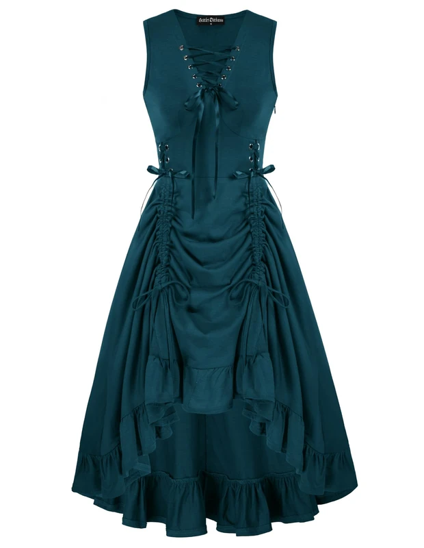 SCARLET DARKNESS Renaissance Steampunk Dress Lace Up High Low Dress Pirate Costume, Sea Blue, M - Image 1