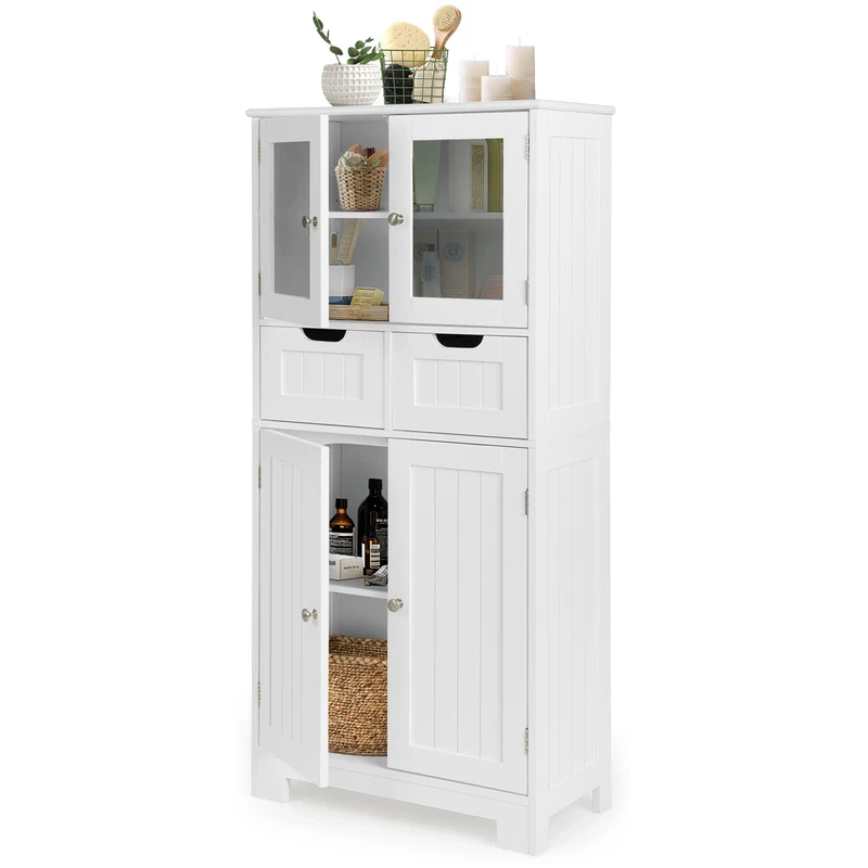 RELAX4LIFE Bathroom Floor Cabinet, Free Standing Storage Cupboard with 2 Drawer, Double Door Cabinet & 3-Height Adjustable Shelves, Wooden MDF Organiser Unit for Entryway Living Room Kitchen (White)