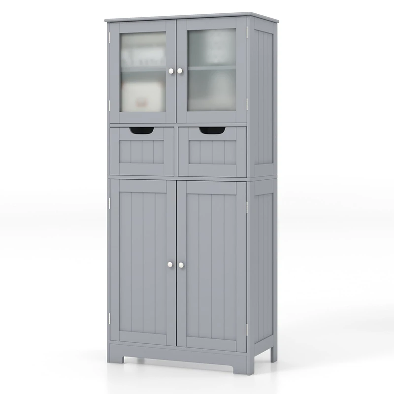 RELAX4LIFE Bathroom Floor Cabinet, Free Standing Storage Cupboard with 2 Drawer, Double Door Cabinet & 3-Height Adjustable Shelves, Wooden MDF Organiser Unit for Entryway Living Room Kitchen (Grey)
