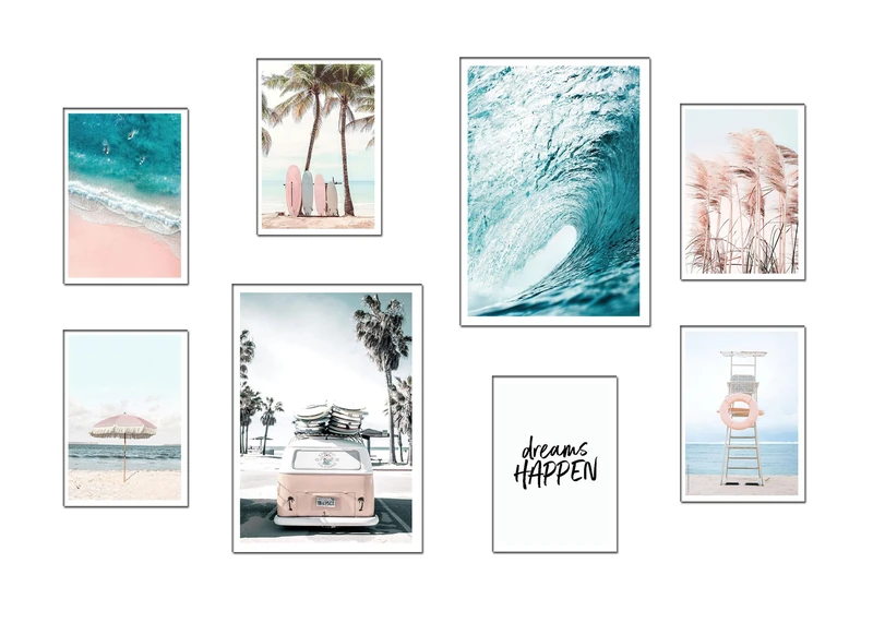 DKORARTE Set of 8 Wooden Base Paintings Modern Living Room Bedroom Bedroom Room Landscape Beach Nature with Metal Hangers (2 x 38 x 29 cm ; 6 x 29 x 20 cm)