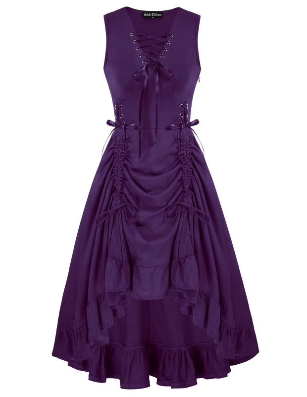 SCARLET DARKNESS Renaissance Faire Costume Women Lace Up Ruffled Sleeveless High Low Dress Pirate Costume, Deep Purple, M