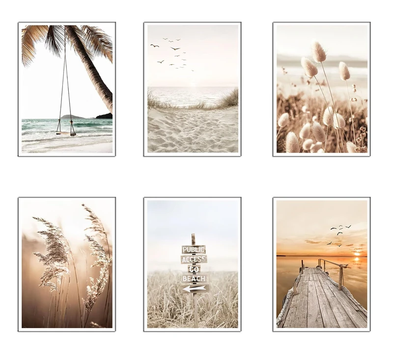 DKORARTE Set of 6 Wooden Base Paintings, Living Room Decoration, Modern, Bedrooms, Room, Landscape, Beach, Nature with Metal Hangers, (38 x 29 cm Each Frame)