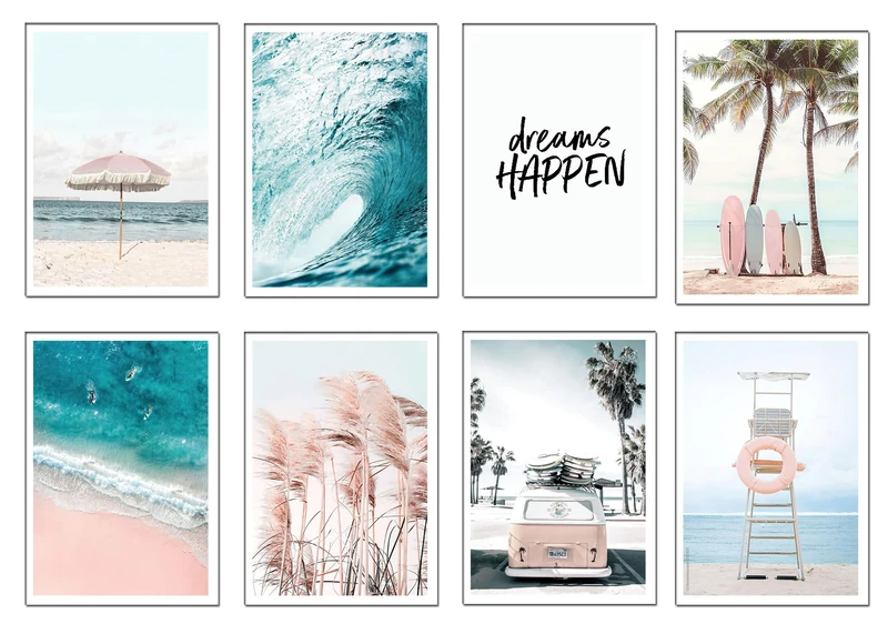 DKORARTE Set of 8 Wooden Base Paintings, Living Room Decoration, Modern, Bedrooms, Room, Landscape, Beach, Nature with Metal Hangers, (29 x 20 cm Each Picture)