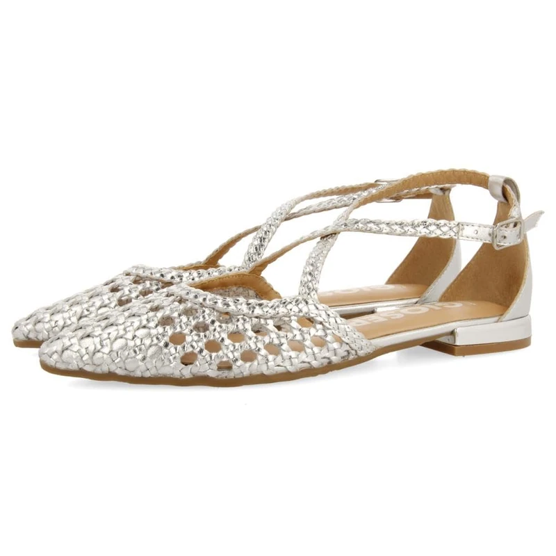 GIOSEPPO LESKOVIC Women's Blue Leather Ballerinas with Braided, Metallic Silver, 6 UK