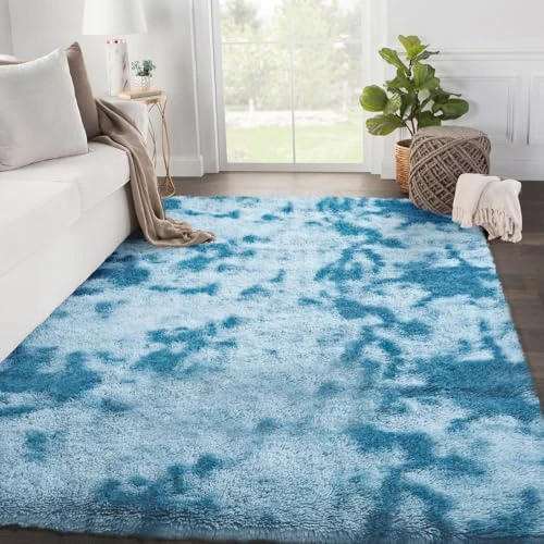 SOANNY Living Room Area Rug, 90x150 cm Small Soft Fluffy Tie-Dyed Shag Carpet, Non-Slip Washable Rug for Bedroom, Dorm, Kids Room, Lounge, Dark Blue