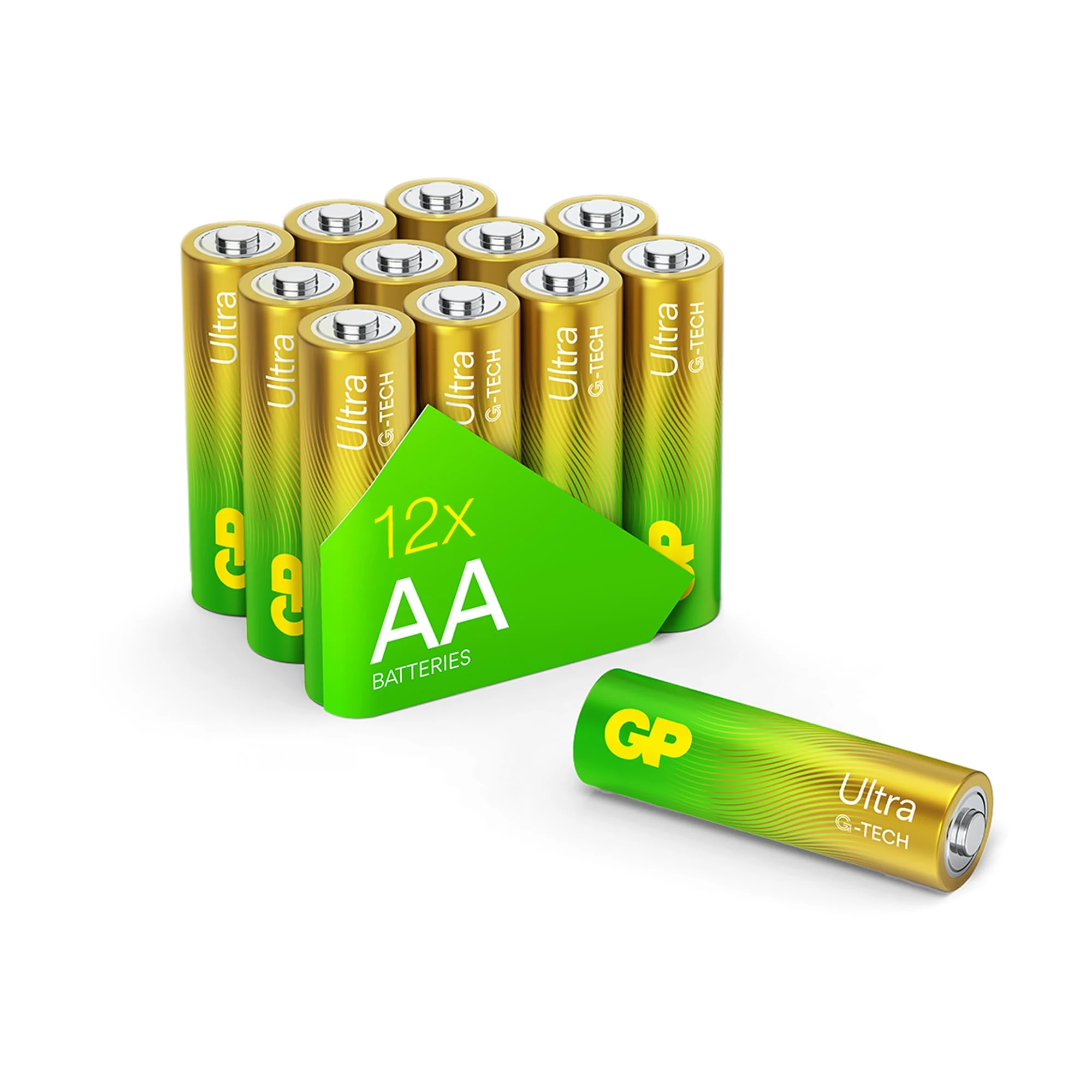 GP Ultra Alkaline Batteries AA 1.5 V (Mignon, LR6), G-TECH Longlife Technology, Ideal for Energy-Hungry Applications, Pack of 12 AA Batteries Ultra Alkaline