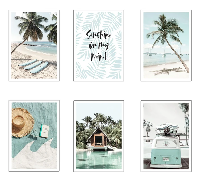 Set of 6 Wooden Base Paintings, Living Room Decoration, Modern, Bedrooms, Room, Landscape, Beach, Nature with Metal Hangers, (38 x 29 cm Each Frame)