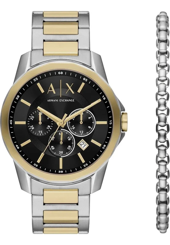Armani Exchange Silver Tone Watch for Men, Quartz Chronograph Movement and 44mm Case Size with Stainless Steel Strap, Silver and Gold Tone Set
