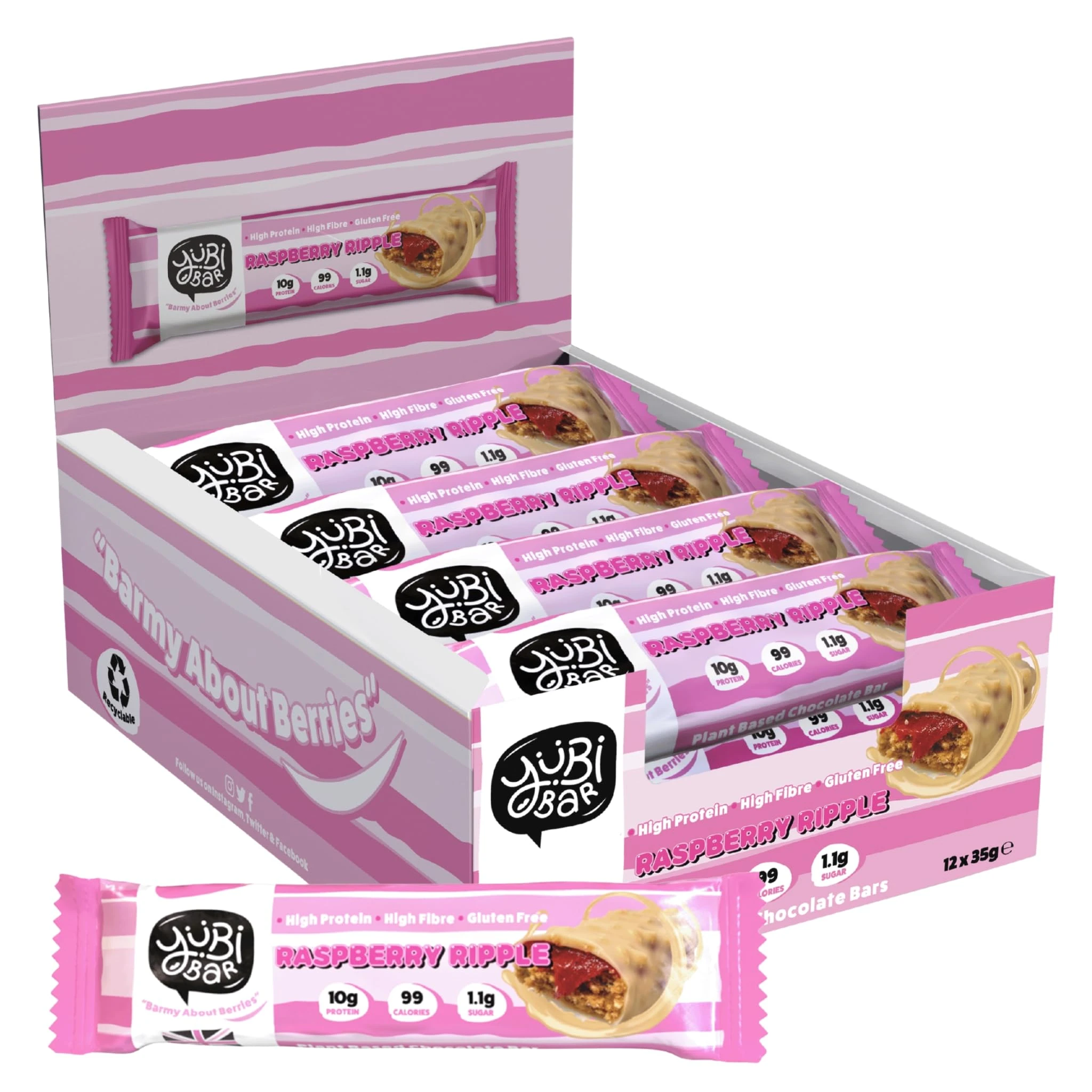 Yubi Raspberry Ripple - 12 Pack - Protein Bars - 99 Calories, High Protein, High Fibre, Low Sugar, Gluten Free and Dairy Free - Healthy Snacks/Nutrition Bar - Chocolate Bars - 420g
