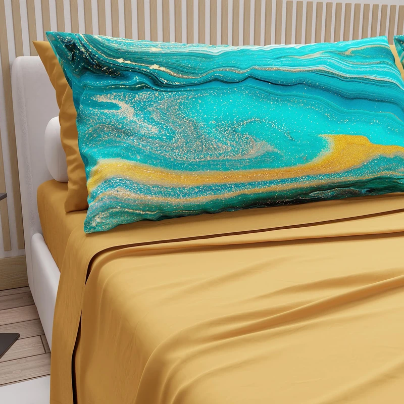 PETTI Artigiani Italiani - Double Bed Sheets in Cotton with Pillowcases in Digital Print, for Double Bed, Complete Fitted Sheet Top and Bottom Sheet, Ochre Yellow, 100% Made in Italy