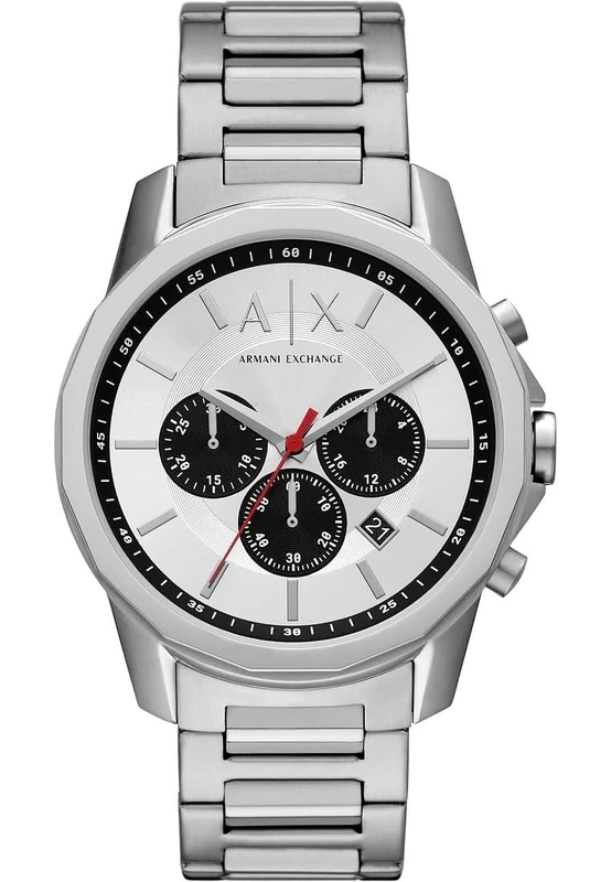 Armani Exchange Silver Tone Watch for Men, Quartz Chronograph Movement and 44mm Case Size with Stainless Steel Strap, Silver Tone